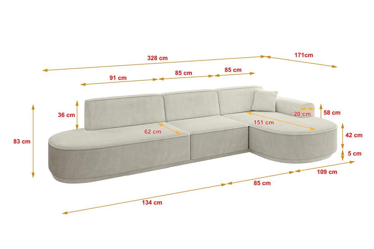 ECKSOFA Ottomane Rechts MARI-L2-v3 - 328x171x83 cm Creme Cord - Hellgrau/Creme, Holzwerkstoff/Kunststoff (171/328cm) - ALTDECOR
