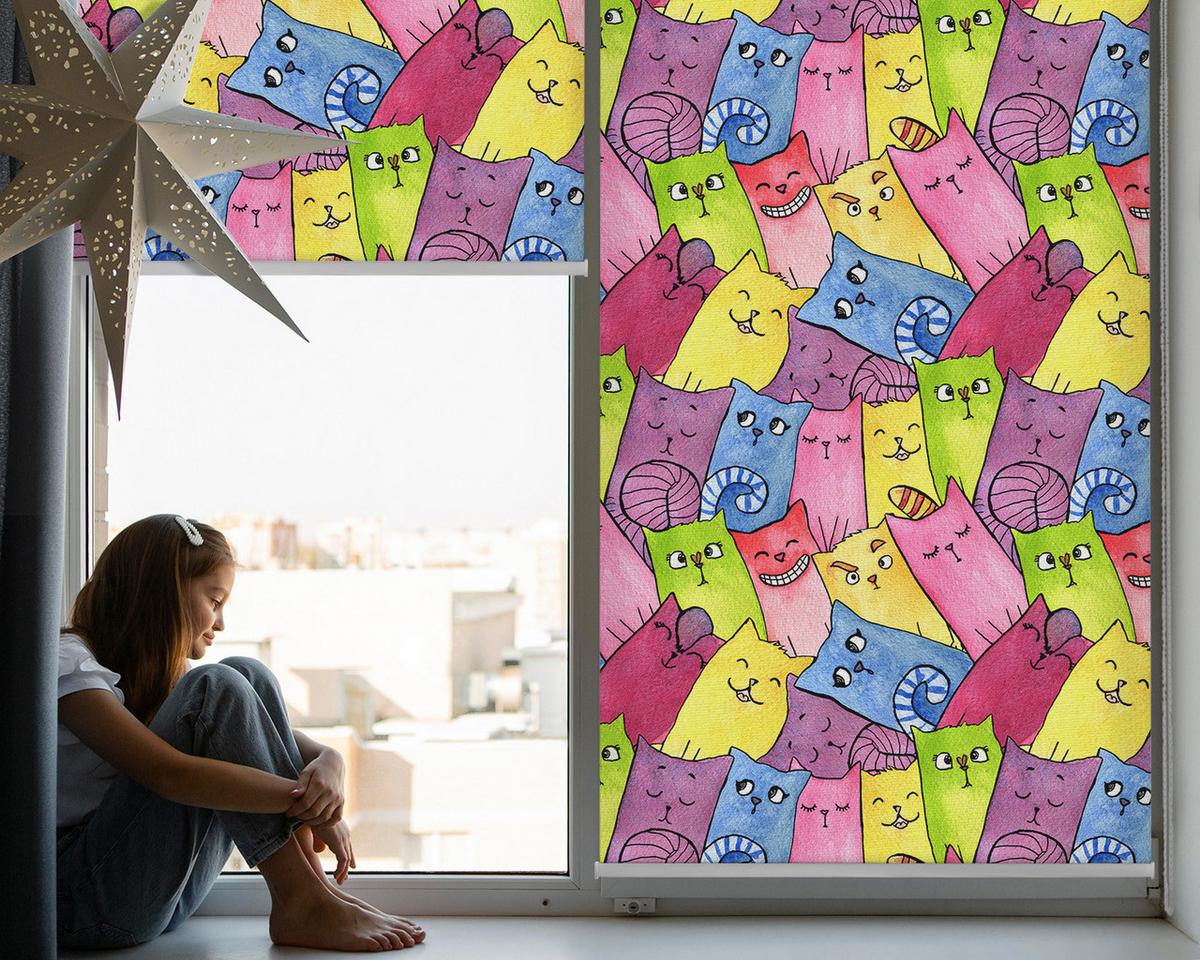 INNENROLLO - Fensterrollo - Rollo - 100x180 cm - Bunte Katzen - Grün, Kunststoff (100/180/0.5cm) - TULUP