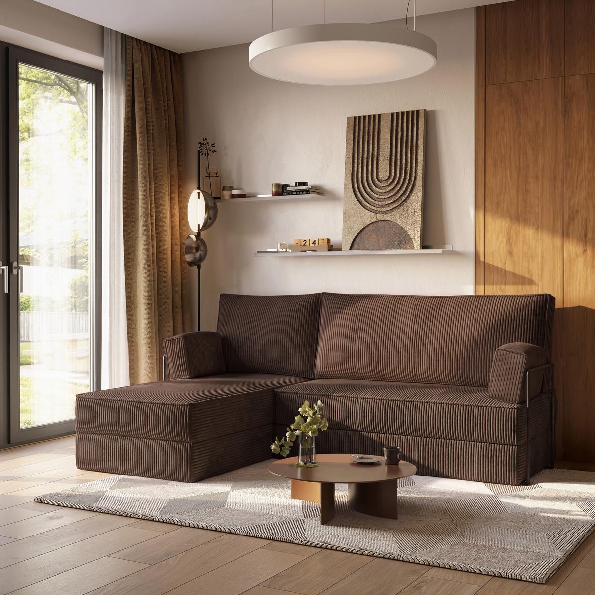 ECKSOFA NOTIA modulares Boneless Sofa mit Schlaffunktion Braun Kordstoff - Braun, Textil (200/120cm) - MASSENO