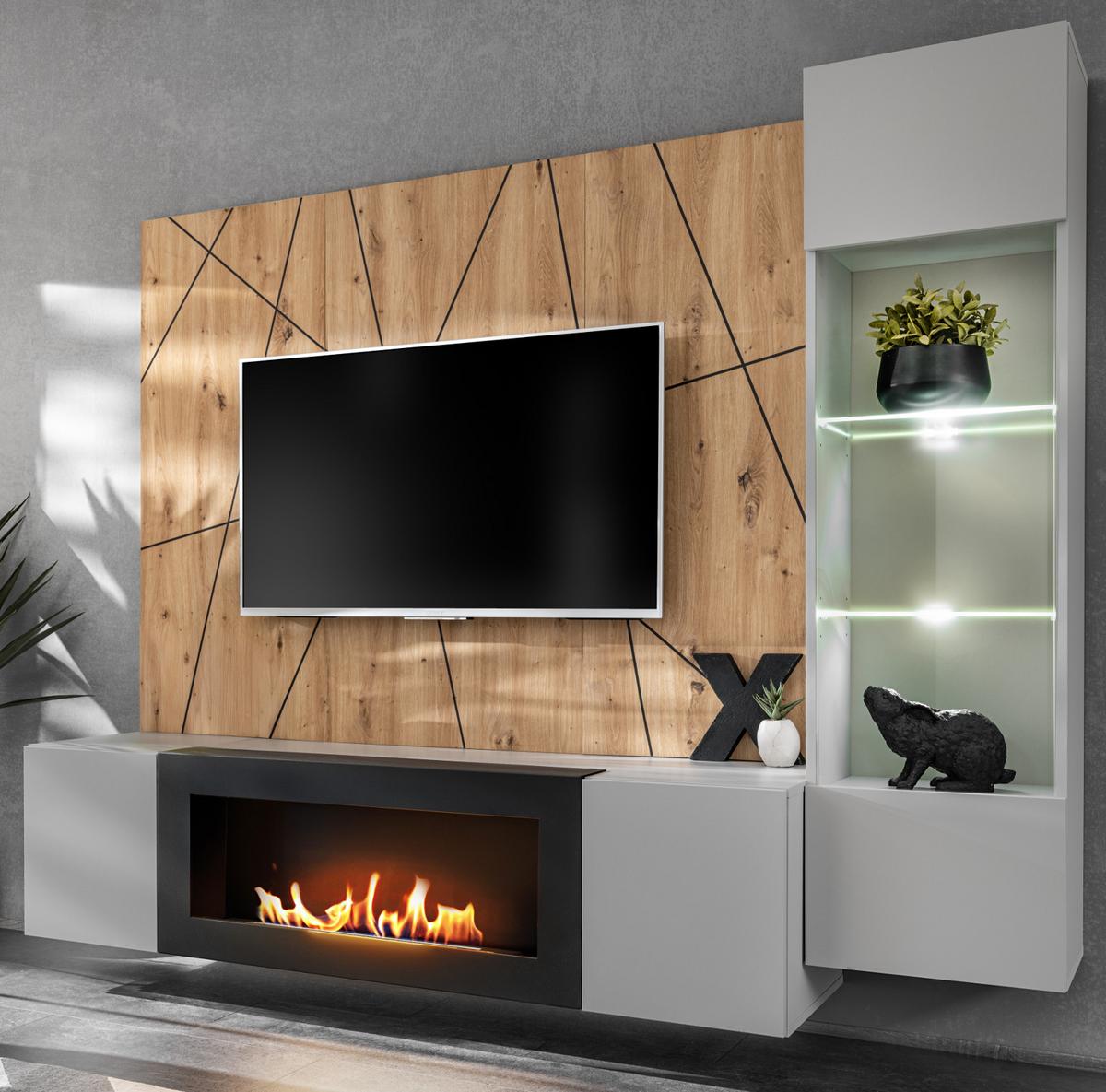WOHNWAND hellgrau, schwarz, Eiche Artisan, Schrankwand 200 cm inklusive Ethanol Kamin - Hellgrau/Schwarz, Glas/Holzwerkstoff (200/148/35cm) - Inn.Furn