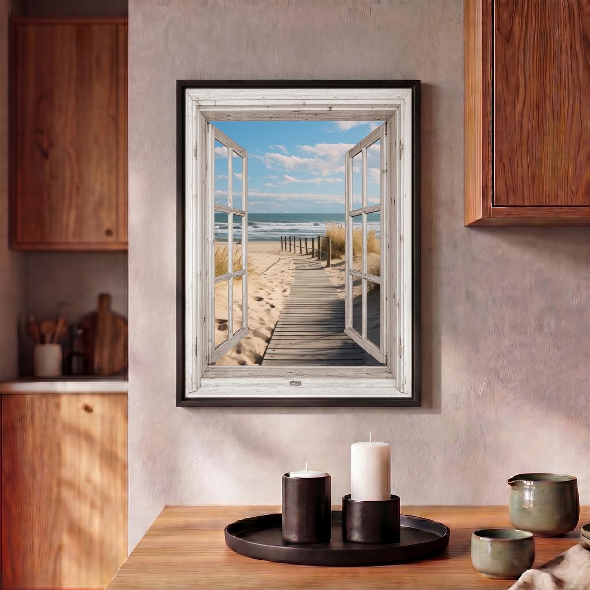 LEINWAND Bilder mit Rahmen - Fenster - Meer - Küste - Natur - Ausblick - Strand - Wattenmeer - 30x40 - Beige, Textil (30/40cm) - MuchoWow