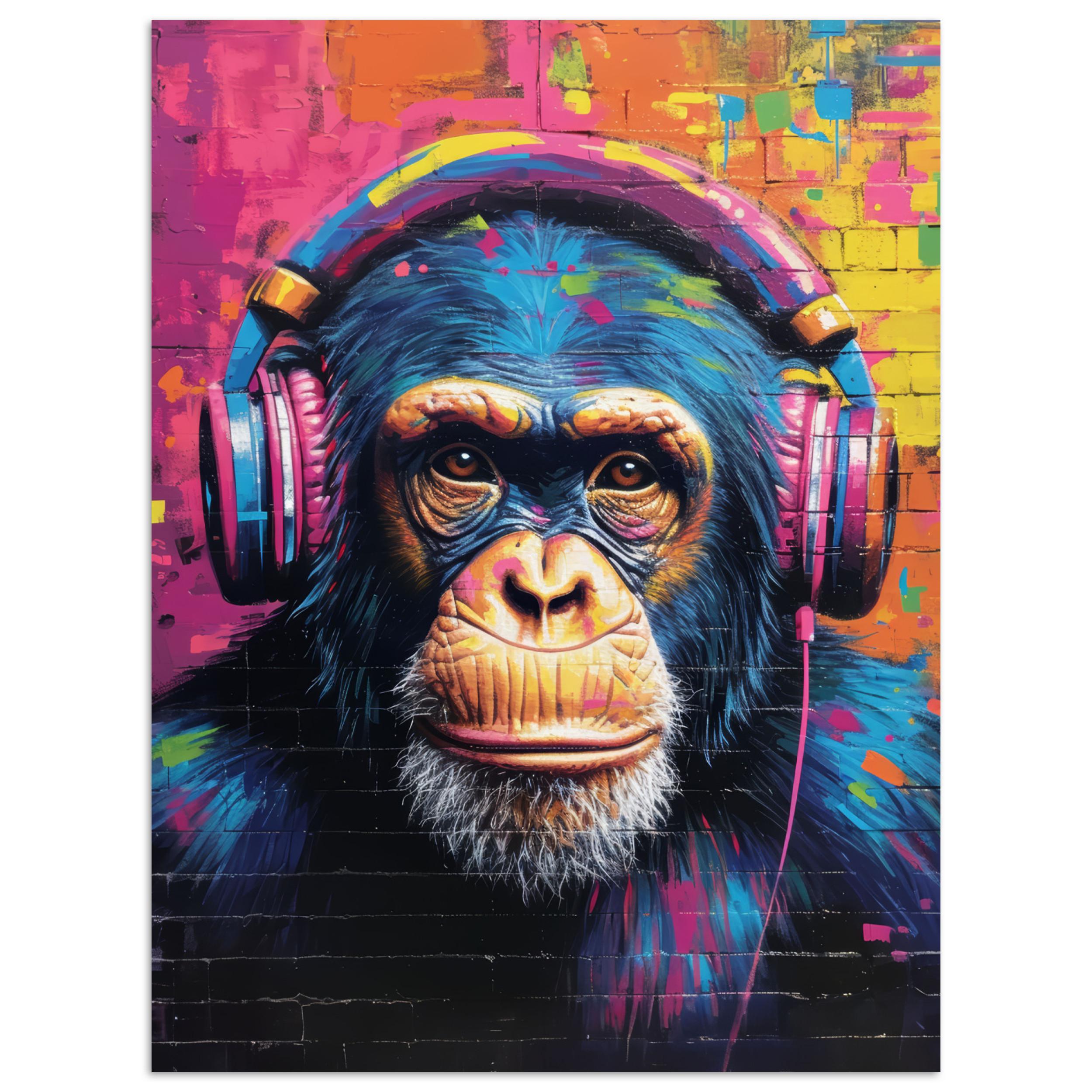 POSTER Graffiti - Schimpanse - Straßenkunst - Kopfhörer - Affe Wandbilder 30x40 cm - Blau, Papier (30/40/0.1cm) - MuchoWow