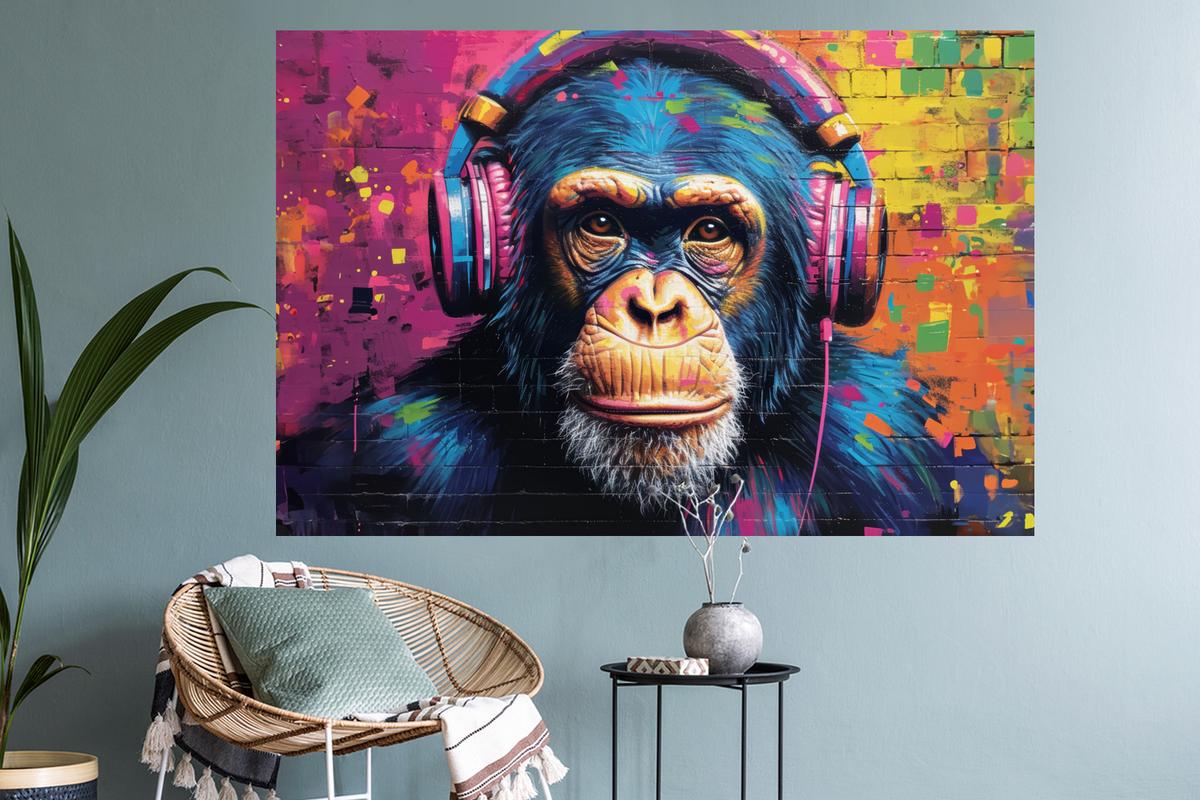 WANDTATTOO Graffiti - Schimpanse - Straßenkunst - Kopfhörer - Affe Wandsticker 120x80 cm - Blau, Kunststoff (120/80/0.1cm) - MuchoWow