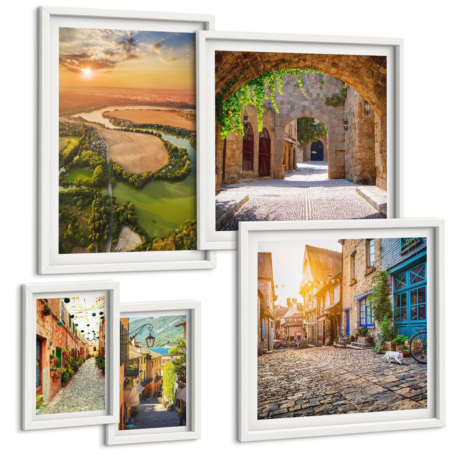 BILDER SET 5er Set - 50x50 cm & 20x30 cm & 40x60 cm Weißer Rahmen - Sommerlandschaften im Boho-Stil - Weiß, Kunststoff (40/60cm) - TULUP