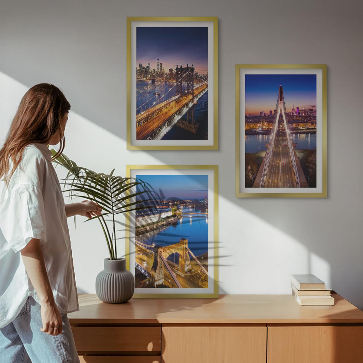 BILDER SET 3er Set - 40x60 cm Goldrahmen - Städte bei Nacht, Brücken, Flüsse - Goldfarben, Kunststoff (40/60cm) - TULUP