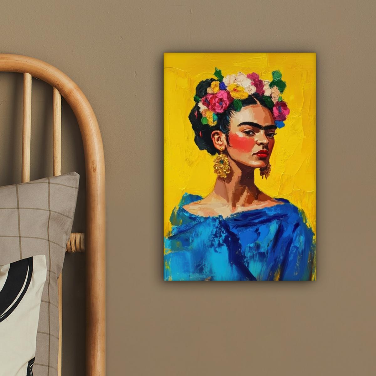 LEINWANDBILD Frida Kahlo - Frau - Gelb - Blau - Blumen Deko Wohnzimmer 20x30 cm - Gelb, Textil (20/30cm) - MuchoWow