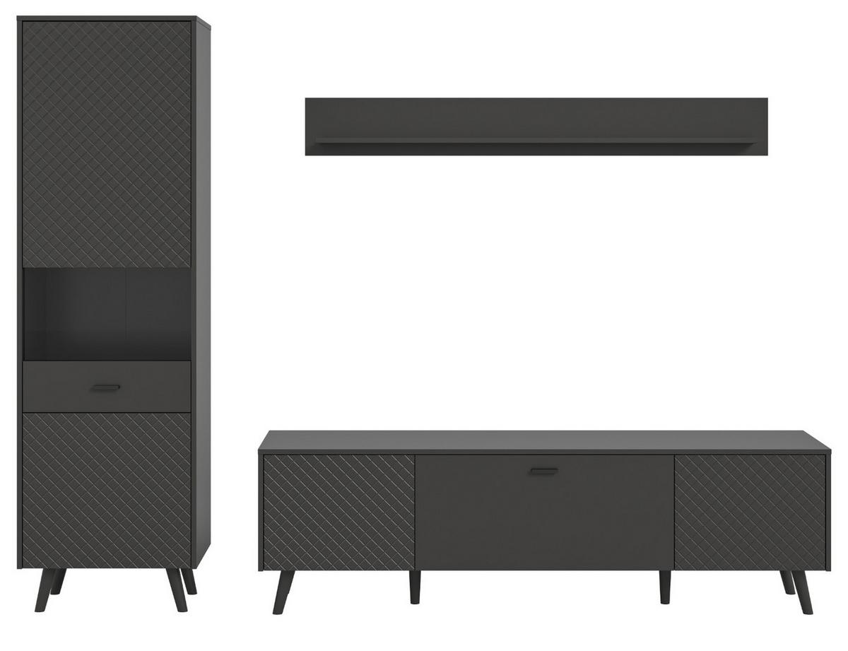 WOHNWAND grau matt 3-teilig 258 cm, Schrankwand mit Struktur - Schwarz/Grau, Glas/Holzwerkstoff (258/195/40cm) - Inn.Furn