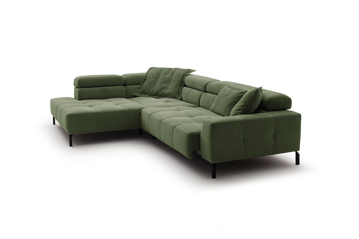 ECKSOFA MIT MOTORISCHEM SITZVORZUG OHIO Grün Cord Relaxfunktion - Schwarz/Olivgrün, Textil/Metall (311/219cm) - KAWOLA