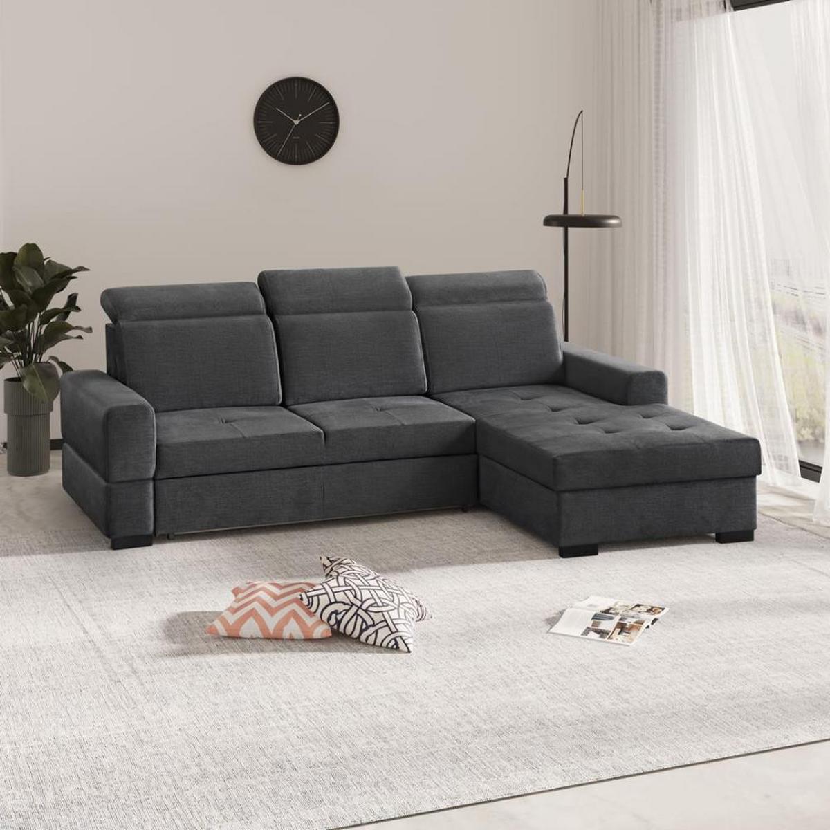 ECKSCHLAFSOFA Alex Mini dunkelgrau rechts - Dunkelgrau/Schwarz, Textil (245/185cm) - Beautysofa