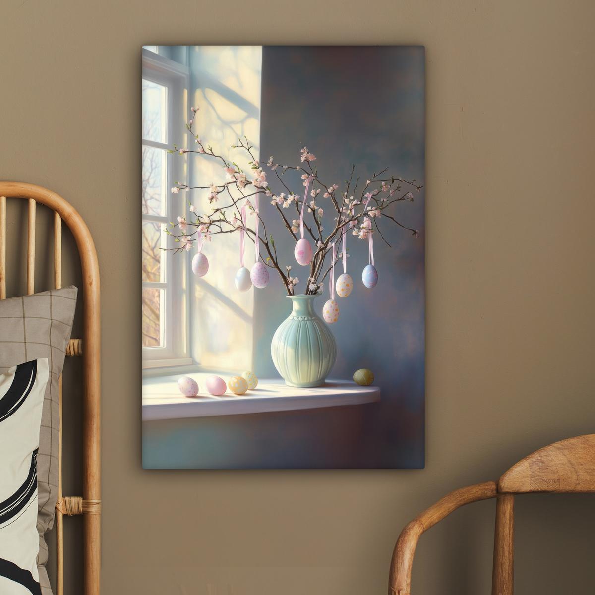 LEINWANDBILD Stillleben - Vase - Osterzweig Wanddeko 40x60 cm - Hellblau, Textil (40/60cm) - MuchoWow
