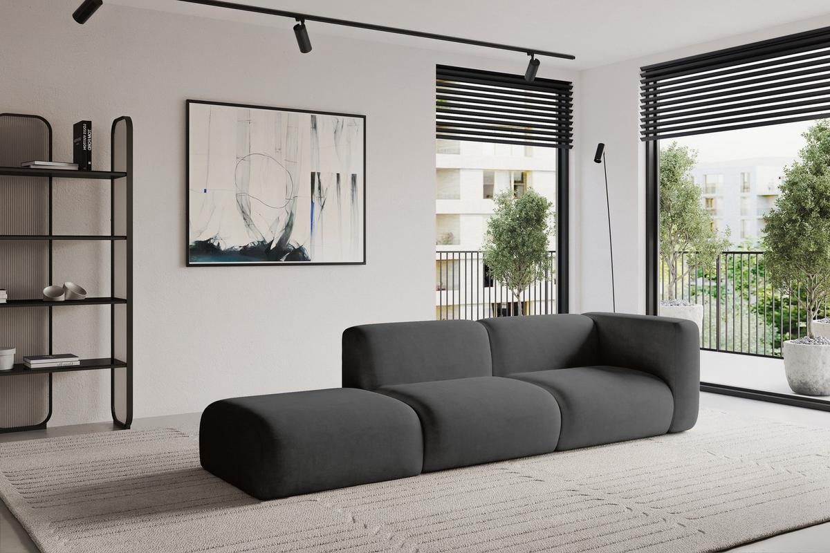 SOFA Ottomane Rechts MIRA-S3 296x89x70 Dunkelgrau Velours - Dunkelgrau/Schwarz, Holzwerkstoff/Kunststoff (296/70/89cm) - ALTDECOR