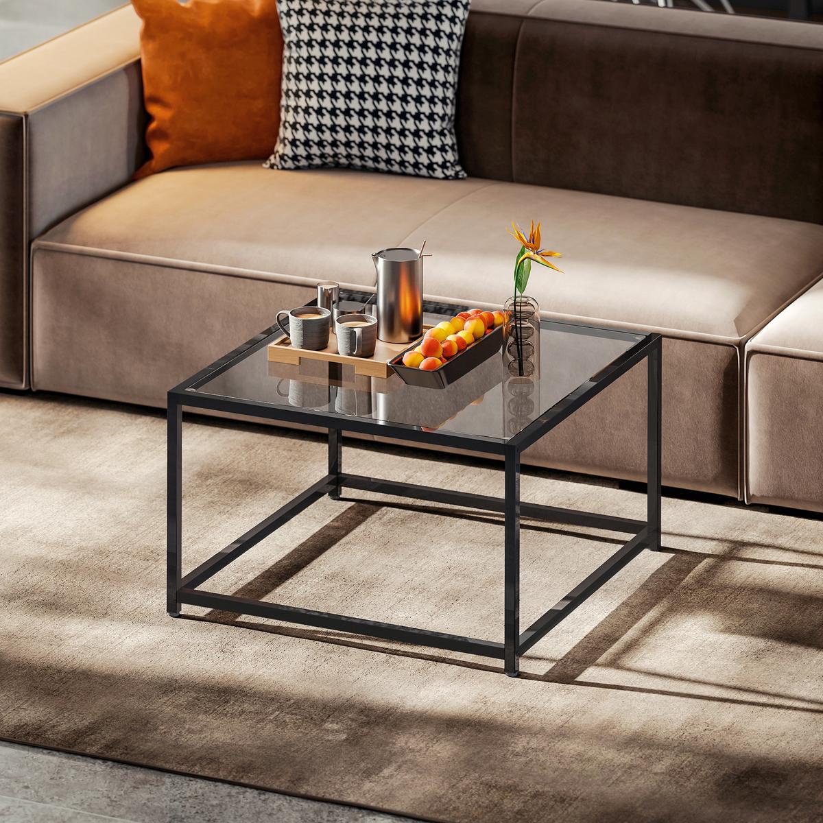 BEISTELLTISCH Quadratisch Nachttisch mit Hartglas-Tischplatte, Couchtisch - Schwarz, Metall (68/68/39cm) - HOMCOM