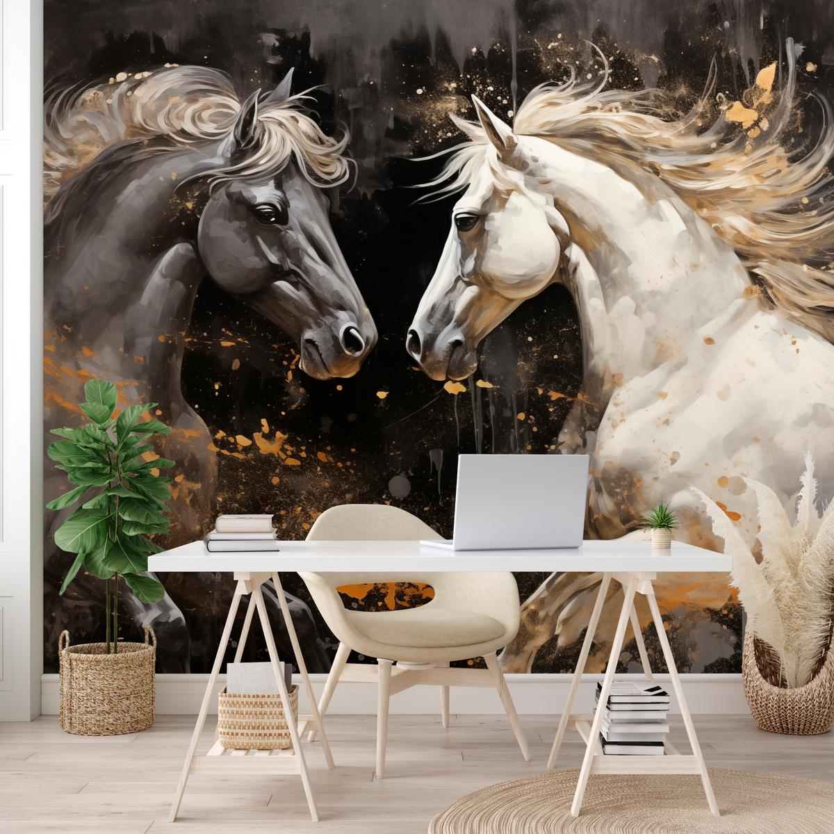 FOTOTAPETE für Büro Schwarz-Weiß Pferd Aquarell Goldakzente Eleganz 350x256 - Beige/Schwarz, Papier (350/256cm) - Muralo