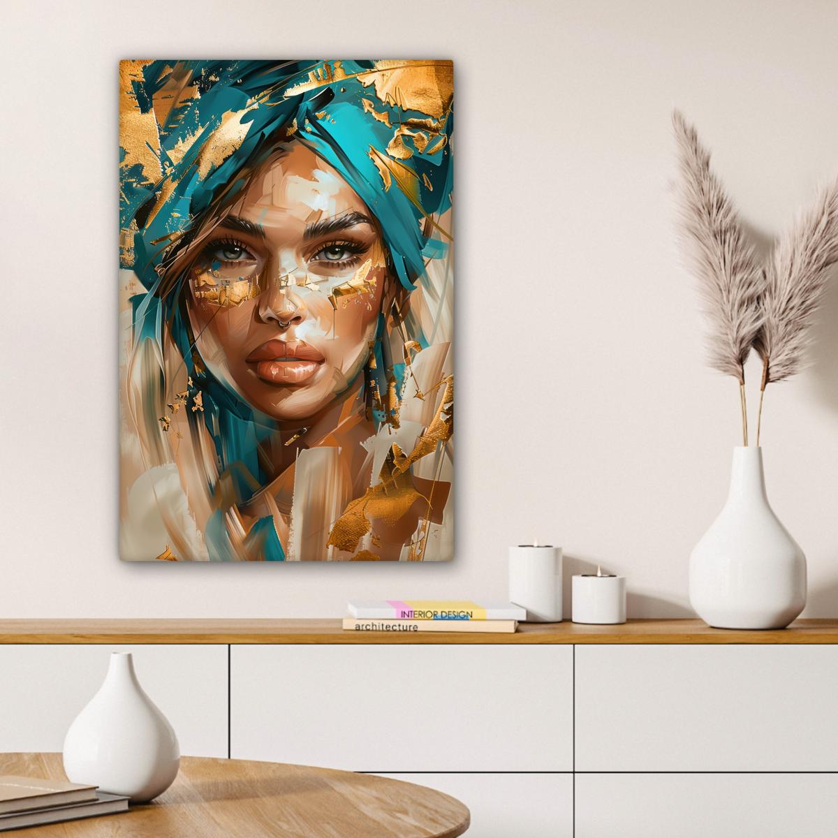 LEINWANDBILD Frau - Porträt - Gold - Luxus - Blau Wanddeko 40x60 cm - Türkis, Textil (40/60cm) - MuchoWow