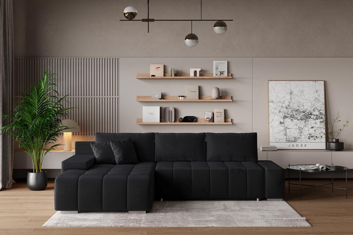 ECKSOFA ALESE L-S Schwarz Velours-Stoff mit Schlaffunktion - Silberfarben/Schwarz, Holz/Textil (265/185cm) - MASSENO