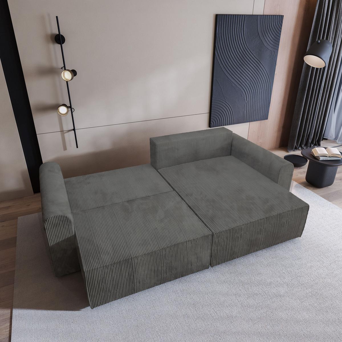 ECKSOFA FIANO P Grau Kordstoff mit Schlaffunktion - Grau, Holz/Kunststoff (245/148cm) - MASSENO