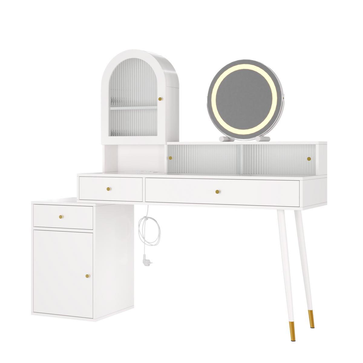 SCHMINKTISCH Weiß mit LED-Spiegel, Ladestation & Glasplatte - Weiß, Holzwerkstoff (140/140/40cm) - Urban Meuble