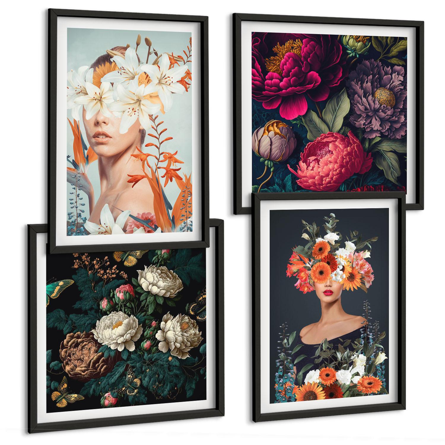 BILDER SET 4er Set - 50x50 cm & 40x60 cm Schwarzer Rahmen - Blumenporträts, Sträuße, Blätter - Schwarz, Kunststoff (50/50cm) - TULUP