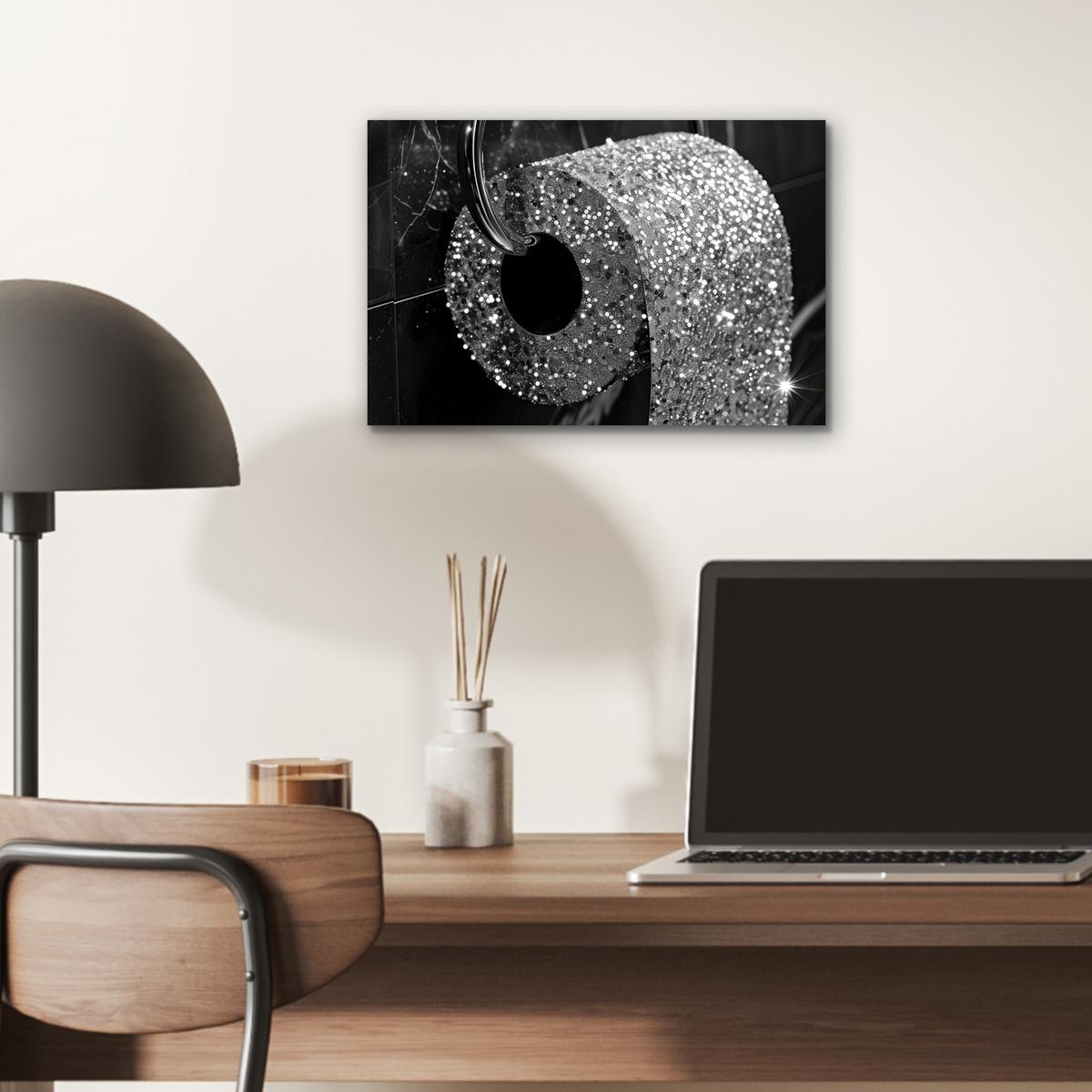METALLBILD WC - Toilettenpapier - Schwarz und weiß - Glitter 30x20 cm - Silberfarben, Metall (30/20cm) - MuchoWow