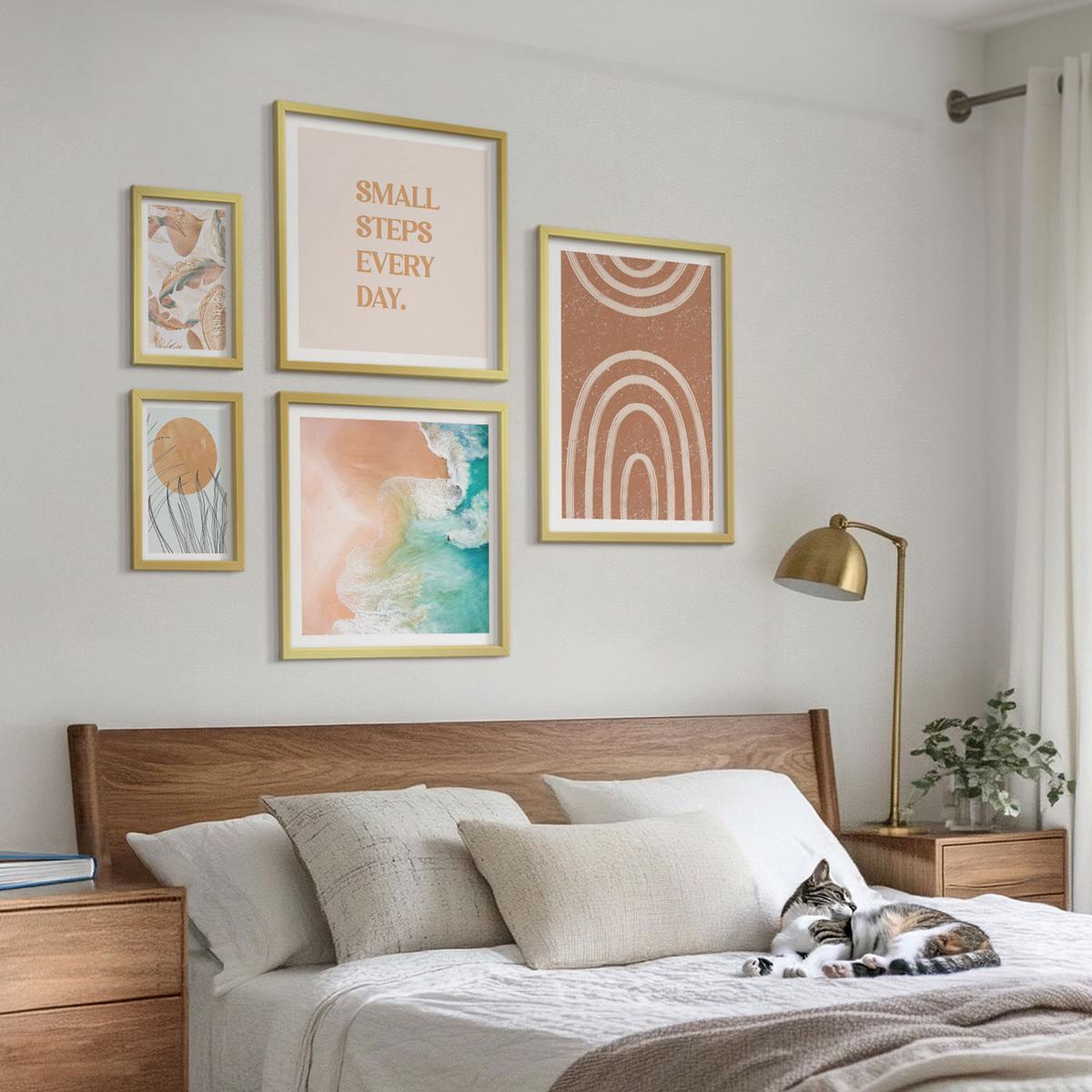 BILDER SET 5er Set - 50x50 cm & 20x30 cm & 40x60 cm Goldrahmen - Familie liebt Zuhause Aquarell - Goldfarben, Kunststoff (40/60cm) - TULUP