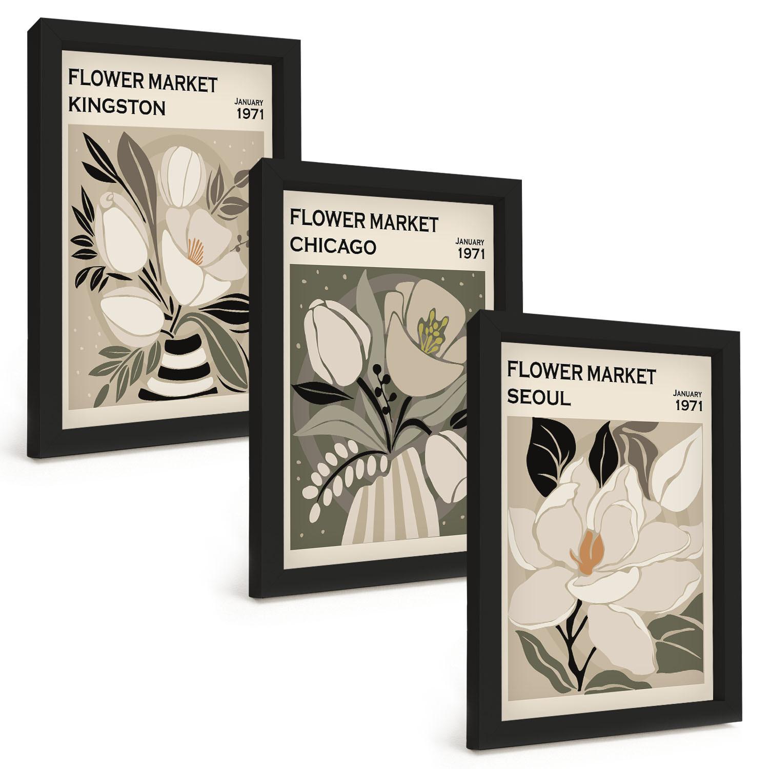 BILDER SET 3er Set - 20x30 cm Schwarzer Rahmen - Blumen Kingston Seoul Chicago Retro - Schwarz, Kunststoff (20/30cm) - TULUP