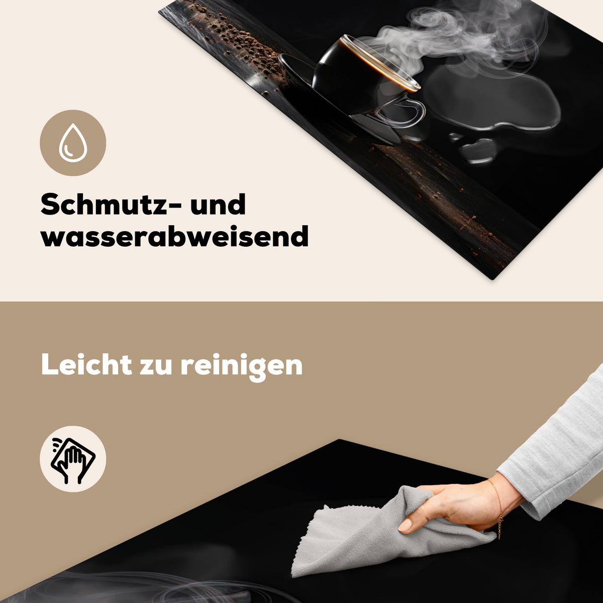 HERDABDECKPLATTE Kaffee - Schwarz - Bohnen - Heiß - Tasse Ceranfeldabdeckung 90x52 cm - Schwarz, Kunststoff (90/52/0.2cm) - MuchoWow