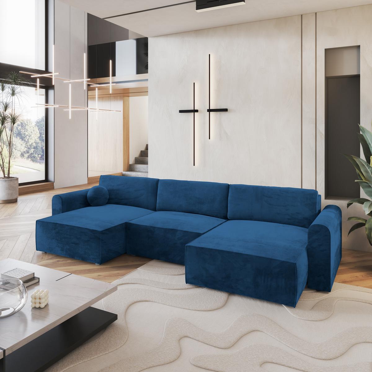 WOHNLANDSCHAFT FENTO M Blau Velours-Stoff mit Schlaffunktion - Blau/Grau, Holz/Kunststoff (347/90/148cm) - MASSENO