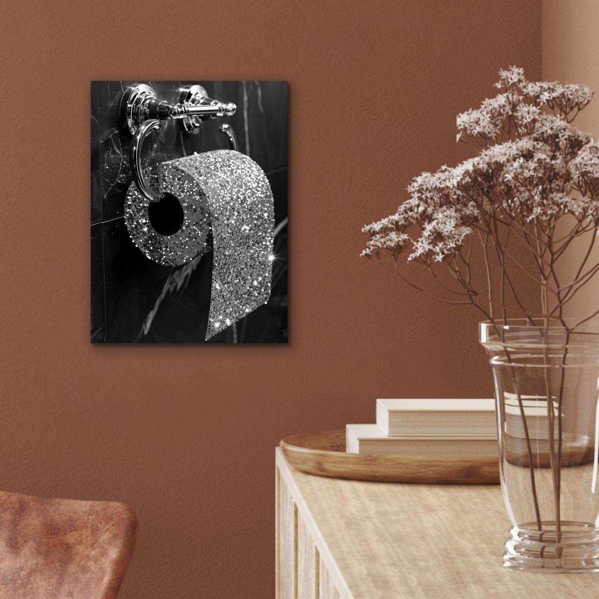METALLBILD WC - Toilettenpapier - Schwarz und weiß - Glitter 30x40 cm - Silberfarben, Metall (30/40cm) - MuchoWow