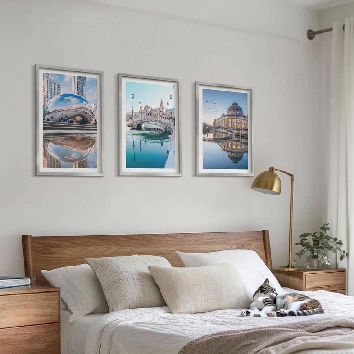 BILDER SET 3er Set - 40x60 cm Silberner Rahmen - Architektur von Städten am Wasser - Silberfarben, Kunststoff (40/60cm) - TULUP