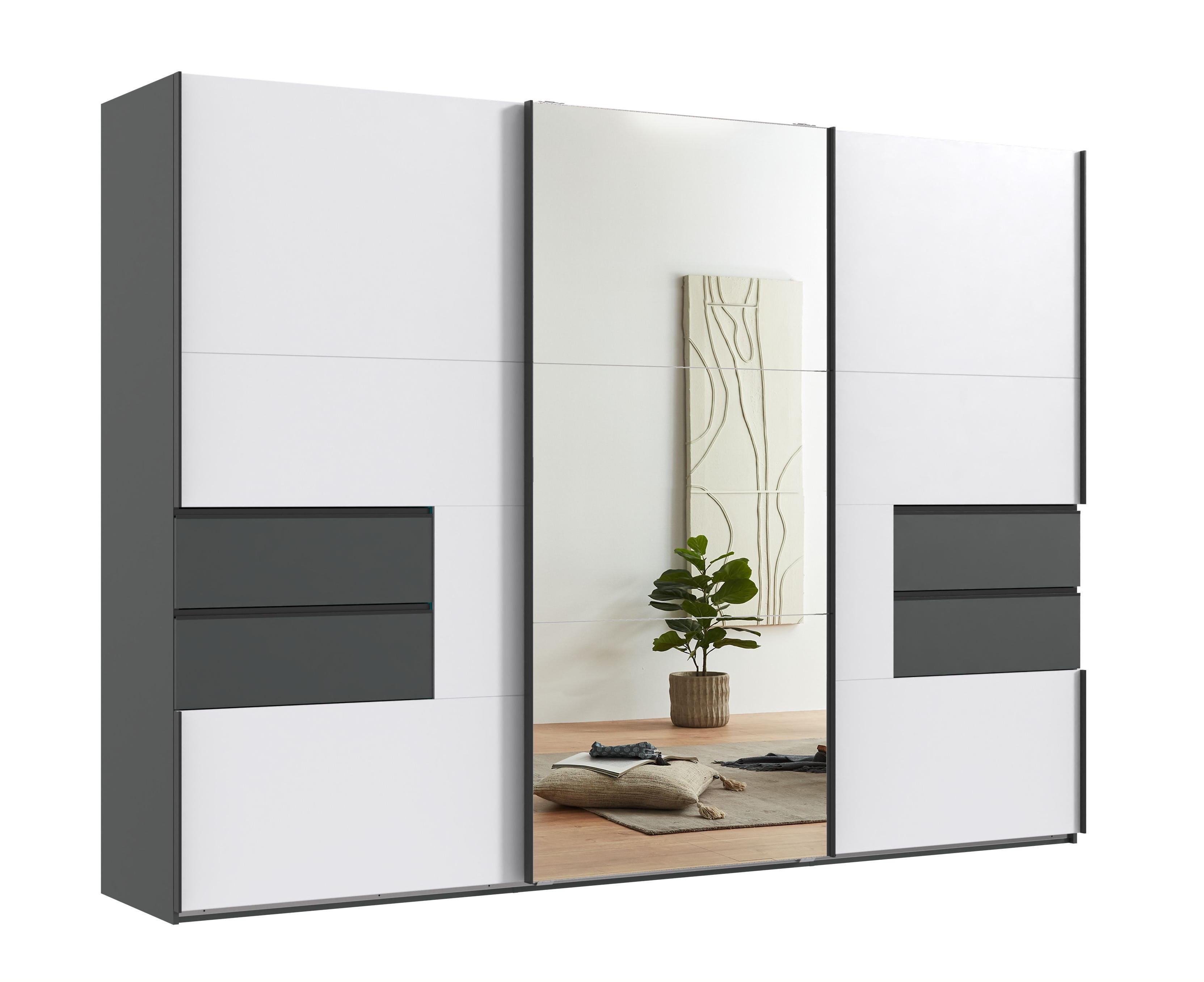 SCHWEBETÜRENSCHRANK 3-türig B300/H216/T65 cm, Korpus & Schubladen Grafit, Türen Weiß / Spiegel, Kleiderschrank inkl. Vollausstattung / 22054 - Bordeaux/Graphitfarben, Holzwerkstoff/Metall (300/216/65cm) - luma-home