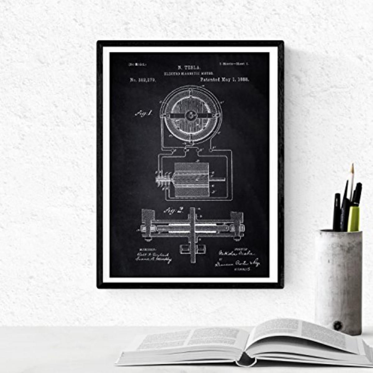POSTER Set mit 4 Schwarz Patenten Strom A4 Schwarzer Rahmen - Schwarz, Papier (29.7/3cm) - Nacnic