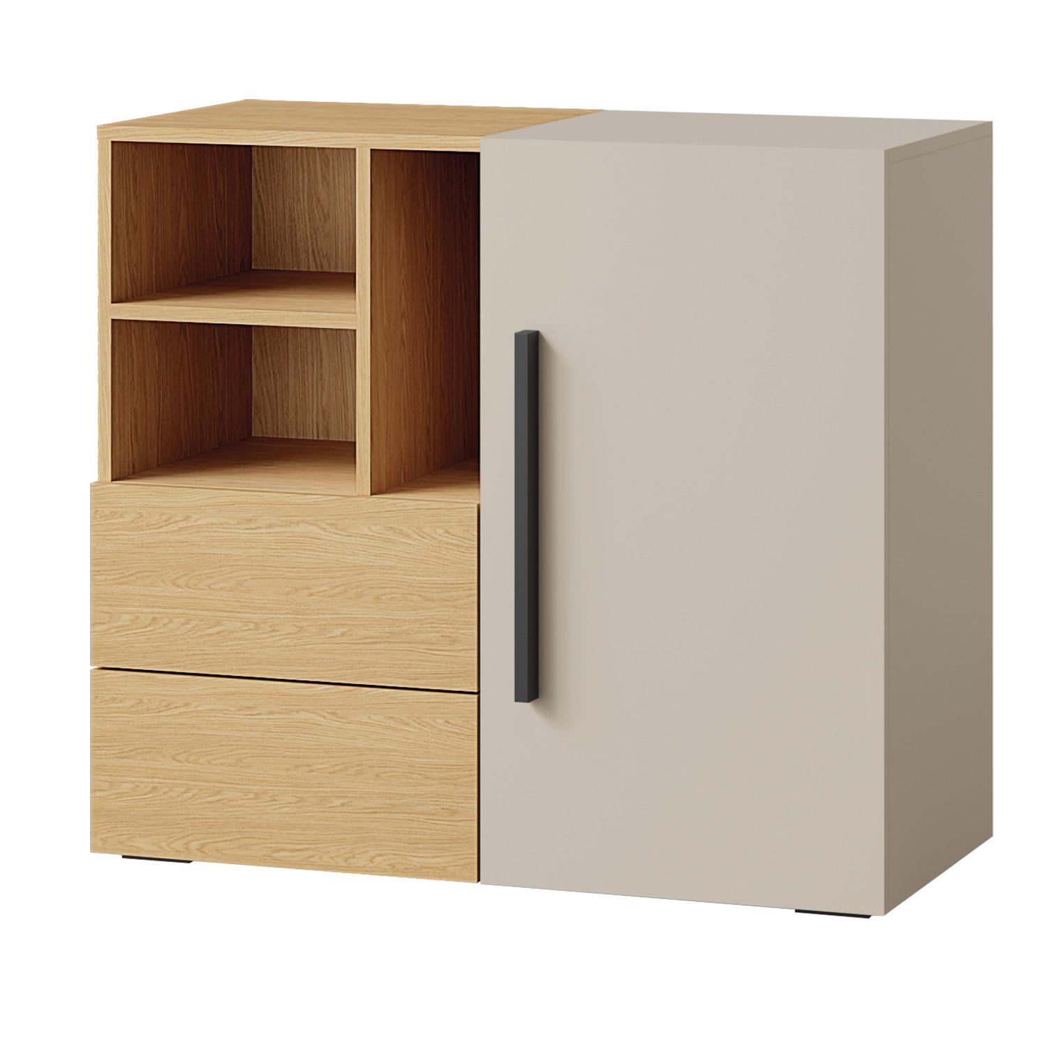 KOMMODE Largo mit 1 Tür, 2 Schubladen und offenen Fächern, 90 cm, für Jugendzimmer, Kaschmir/Frühlings-Eiche - Kaschmir/Eichefarben, Holzwerkstoff (90/80/40cm) - Beautysofa