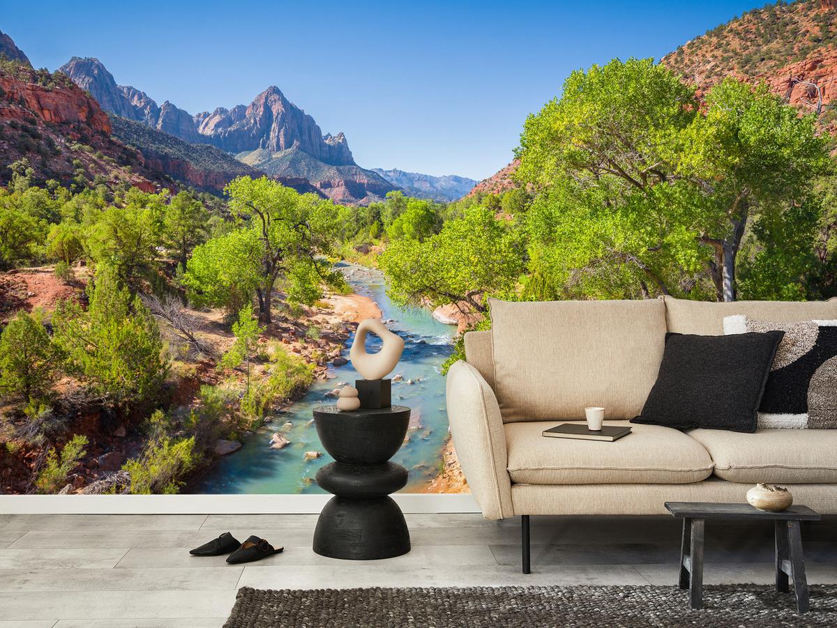 FOTOTAPETE für Esszimmer Virgin River Bäume Felsen Berge Natur 500x350 - Türkis/Blau, Papier (500/350cm) - Muralo