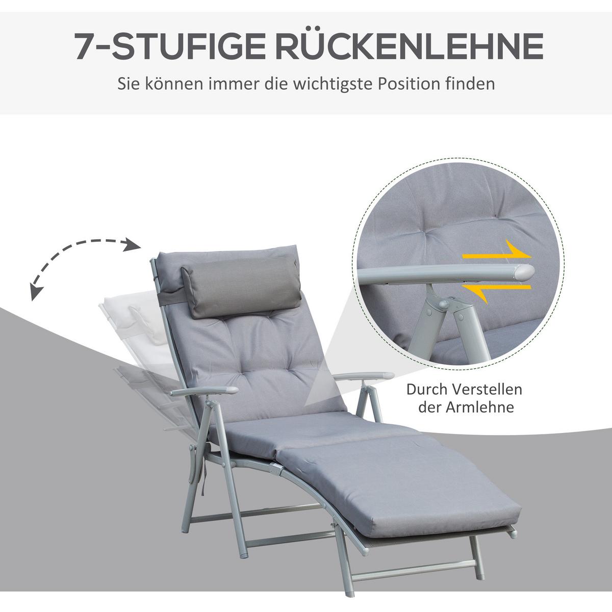 SONNENLIEGE, verstellbar, 137 x 63,5 x 100,5 cm, Metall, Stoff, Grau - Grau, Kunststoff (63/5/137cm) - Outsunny