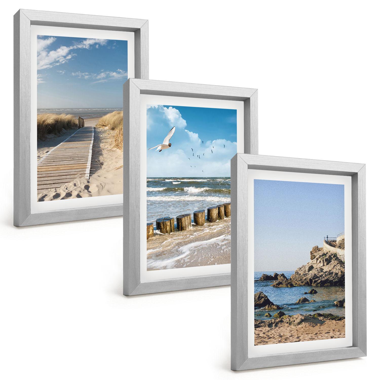 BILDER SET 3er Set - 20x30 cm Silberner Rahmen - Strand Holzsteg Klippen - Silberfarben, Kunststoff (20/30cm) - TULUP