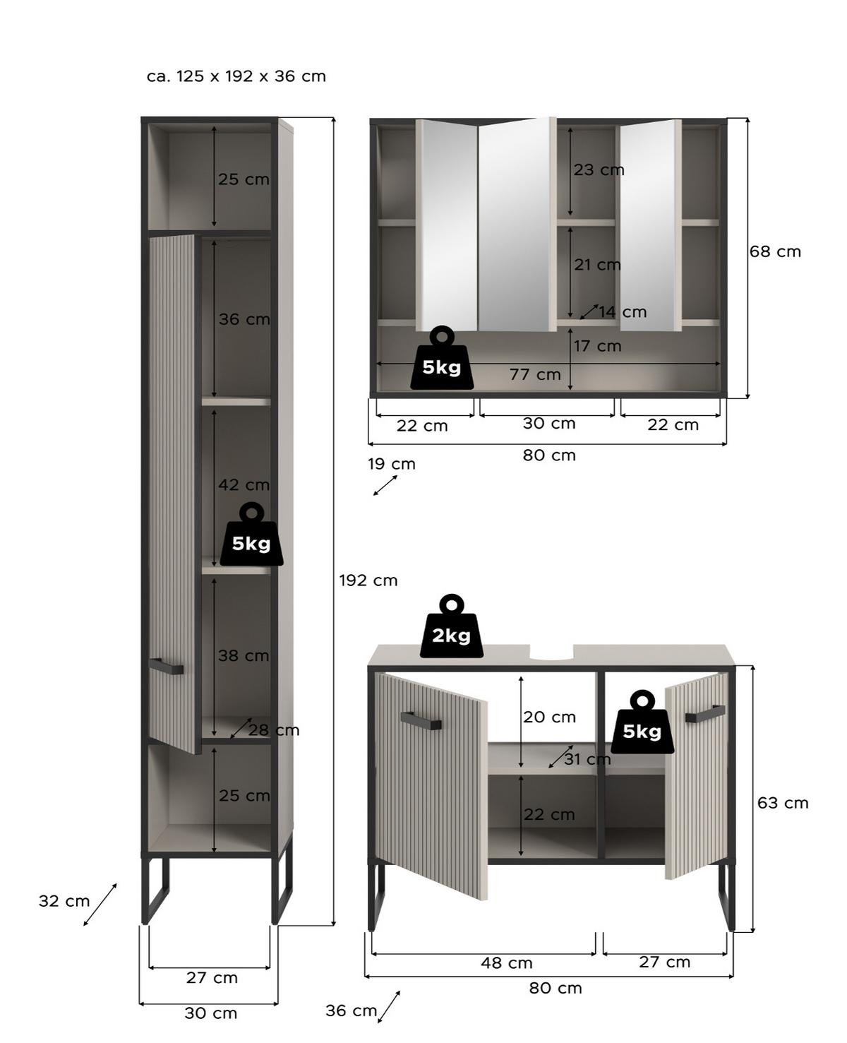 BADMÖBEL-SET 3-teilig Scana in schwarz, sand 125 cm, Kombination mit Soft-Close - Sandfarben/Schwarz, Glas/Holzwerkstoff (125/192/36cm) - Inn.Furn