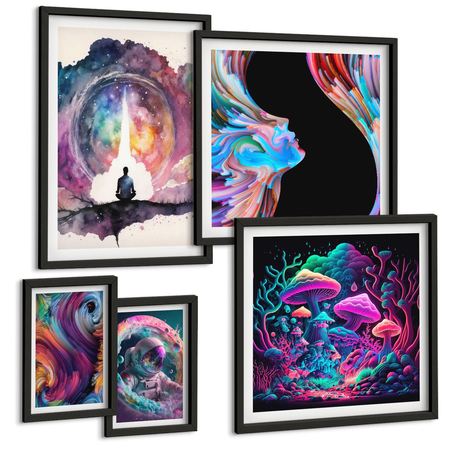BILDER SET 5er Set - 50x50 cm & 20x30 cm & 40x60 cm Schwarzer Rahmen - Farbenfrohe Fantasy-Kunstillustrationen - Schwarz, Kunststoff (40/60cm) - TULUP