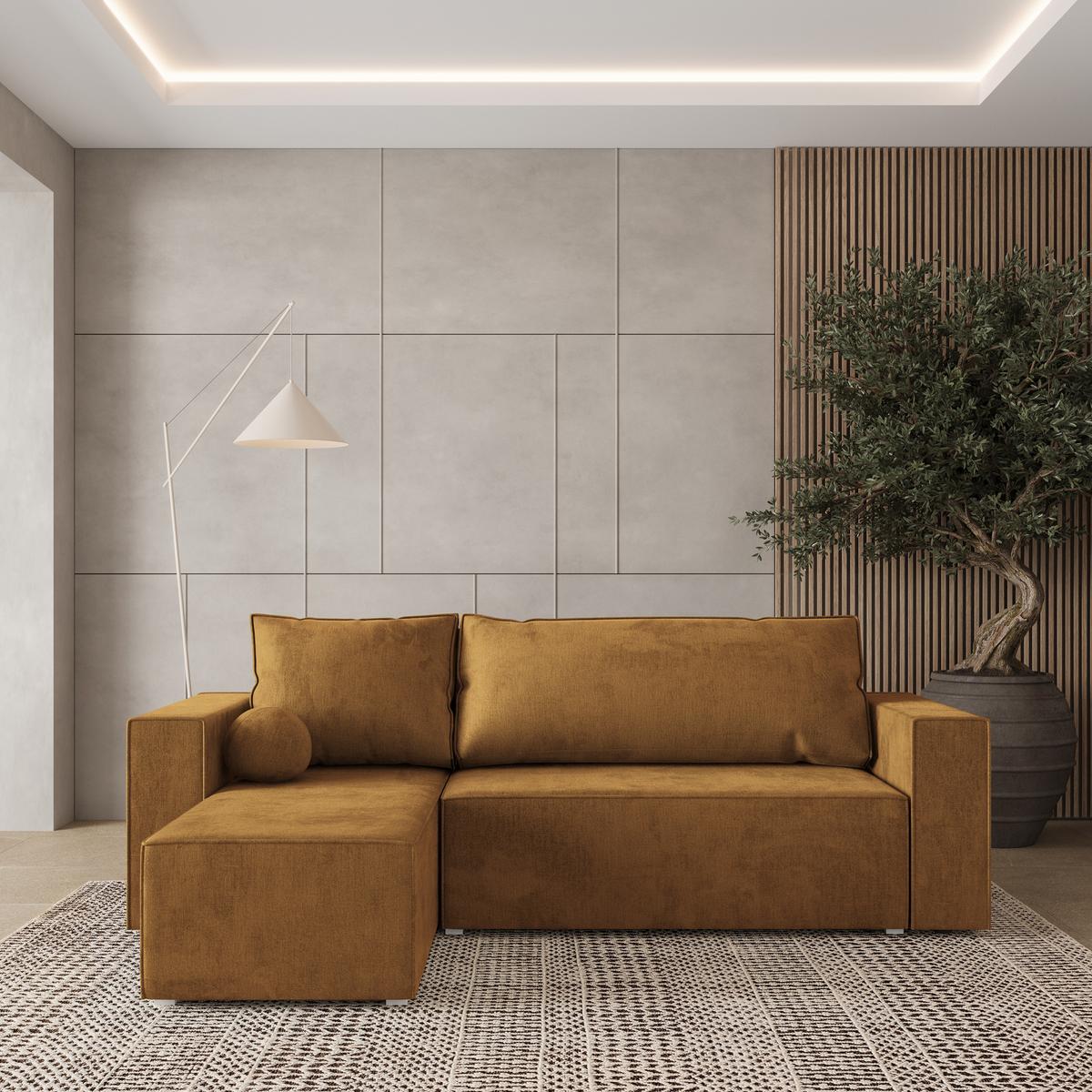 ECKSOFA RAVELO M Gelb Velours-Stoff mit Schlaffunktion - Gelb/Grau, Holz/Kunststoff (240/140cm) - MASSENO