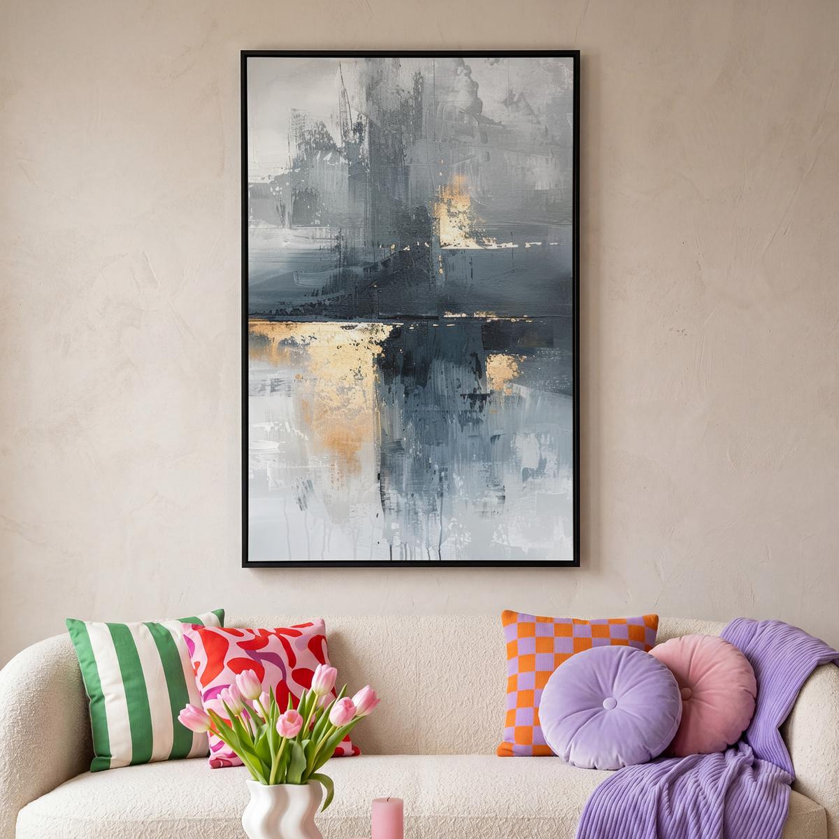 LEINWAND Bilder mit Rahmen - Kunst - Grau - Gold - Abstrakt - 100x150 - Dunkelgrau, Textil (100/150cm) - MuchoWow
