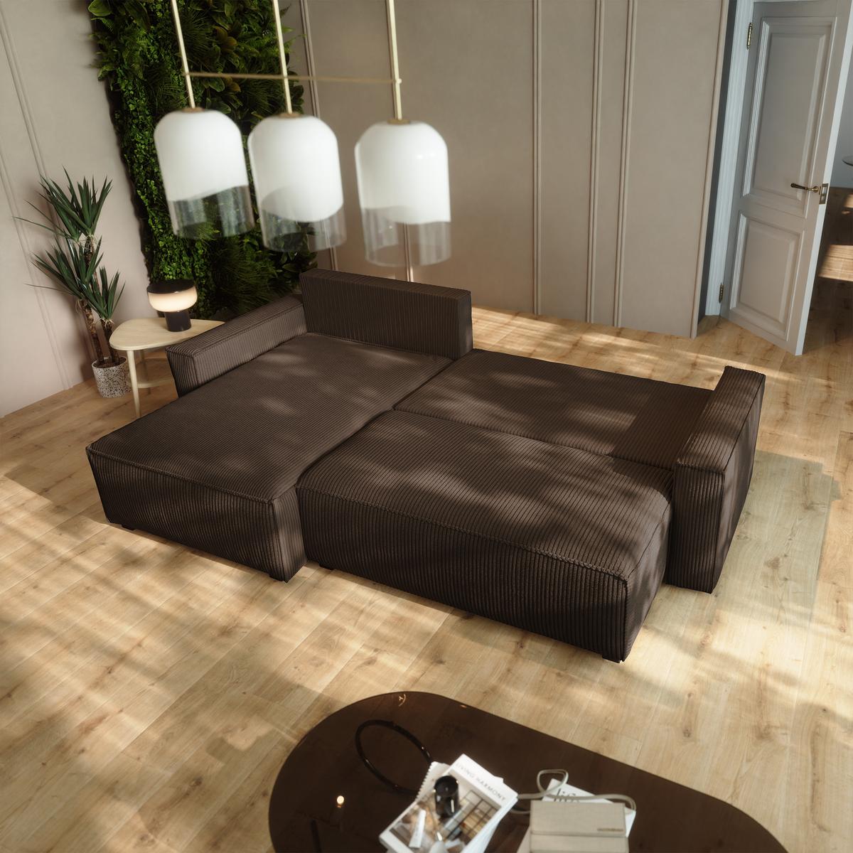 ECKSOFA BESMIR Braun Kordstoff mit Schlaffunktion - Braun, Holz (275/148cm) - MASSENO