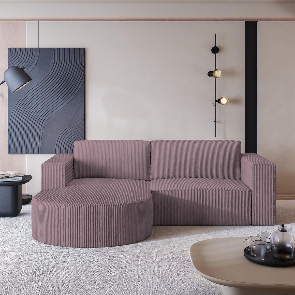 ECKSOFA SORELA P L-S Lila Kordstoff mit Schlaffunktion - Lila, Holz (263/174cm) - MASSENO