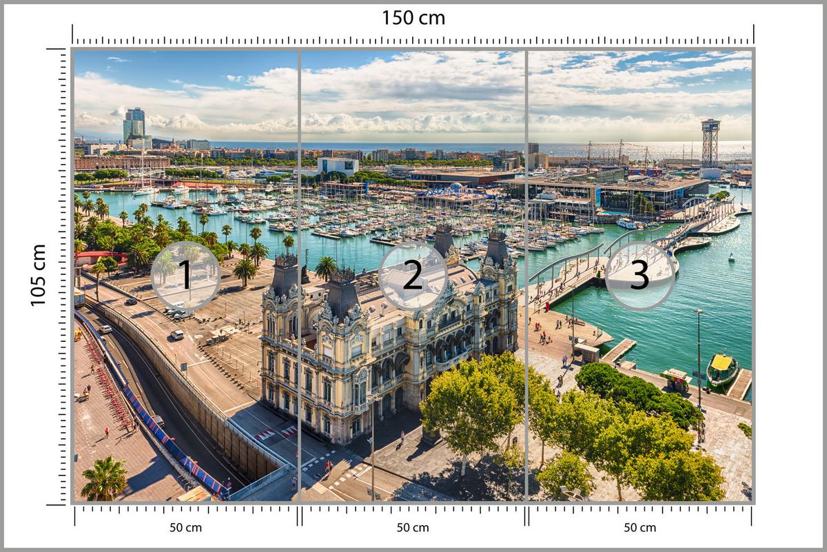 FOTOTAPETE für Wohnzimmer Barcelona Hafen Boote Denkmäler 150x105 - Türkis/Beige, Papier (150/105cm) - Muralo