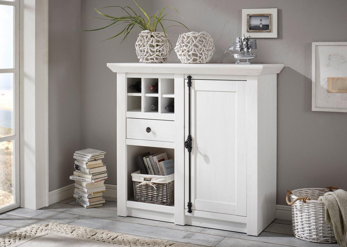 KOMMODE Pinie weiß Landhaus 105 cm, Anrichte mit Weinregal - Schwarz/Weiß, Holzwerkstoff/Metall (105/100/45cm) - Furn.Design
