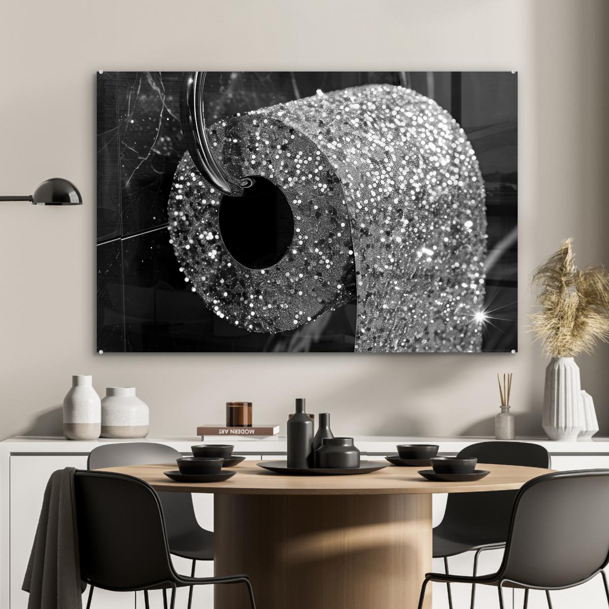ACRYLGLASBILD WC - Toilettenpapier - Schwarz und weiß - Glitter Wandbild Schlafzimmer 120x80 cm - Silberfarben, Glas (120/80cm) - MuchoWow