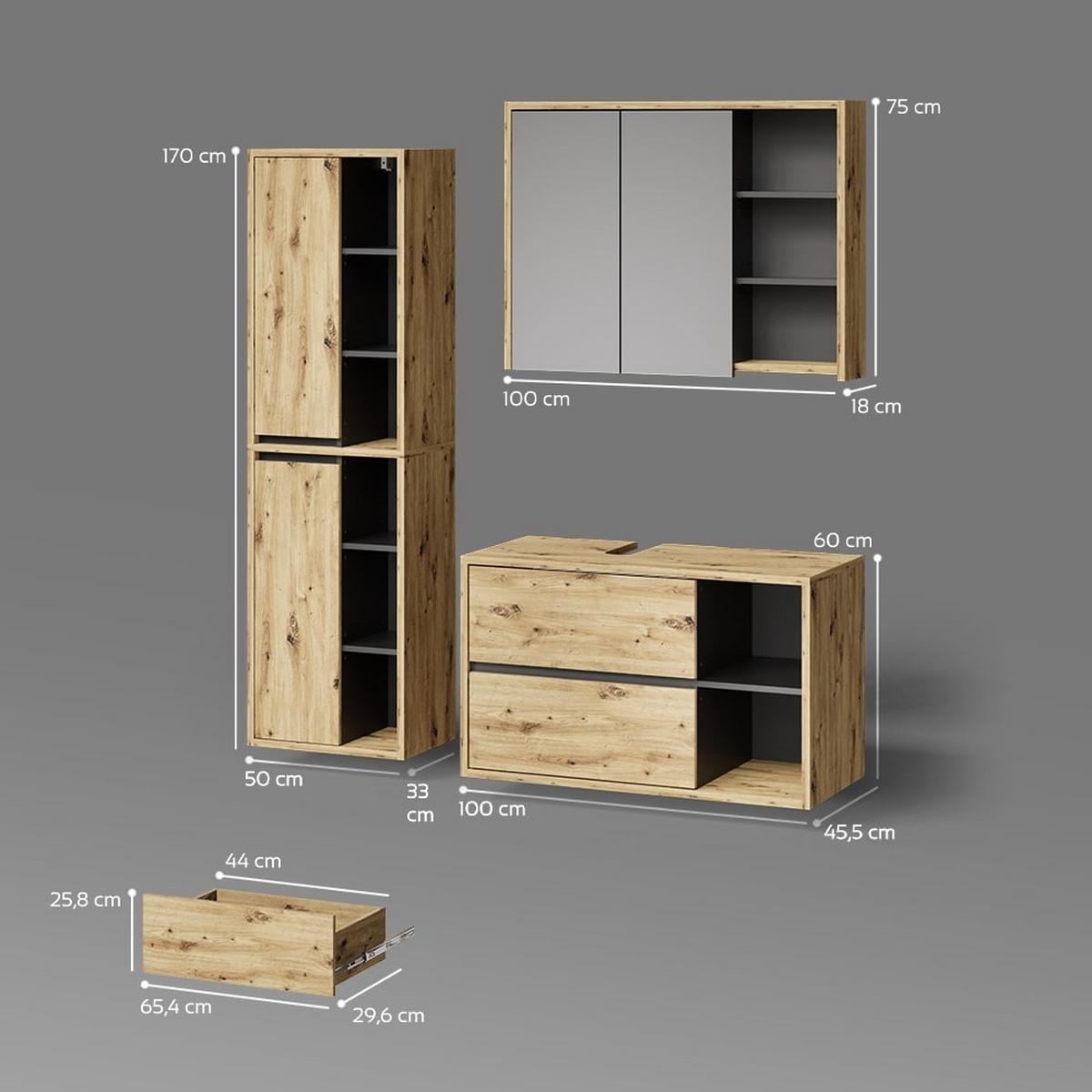 BADMÖBEL-SET Vomano Artisan-Eiche 3 Teile - Eiche Artisan, Holzwerkstoff (100/60/45cm) - Livinity®