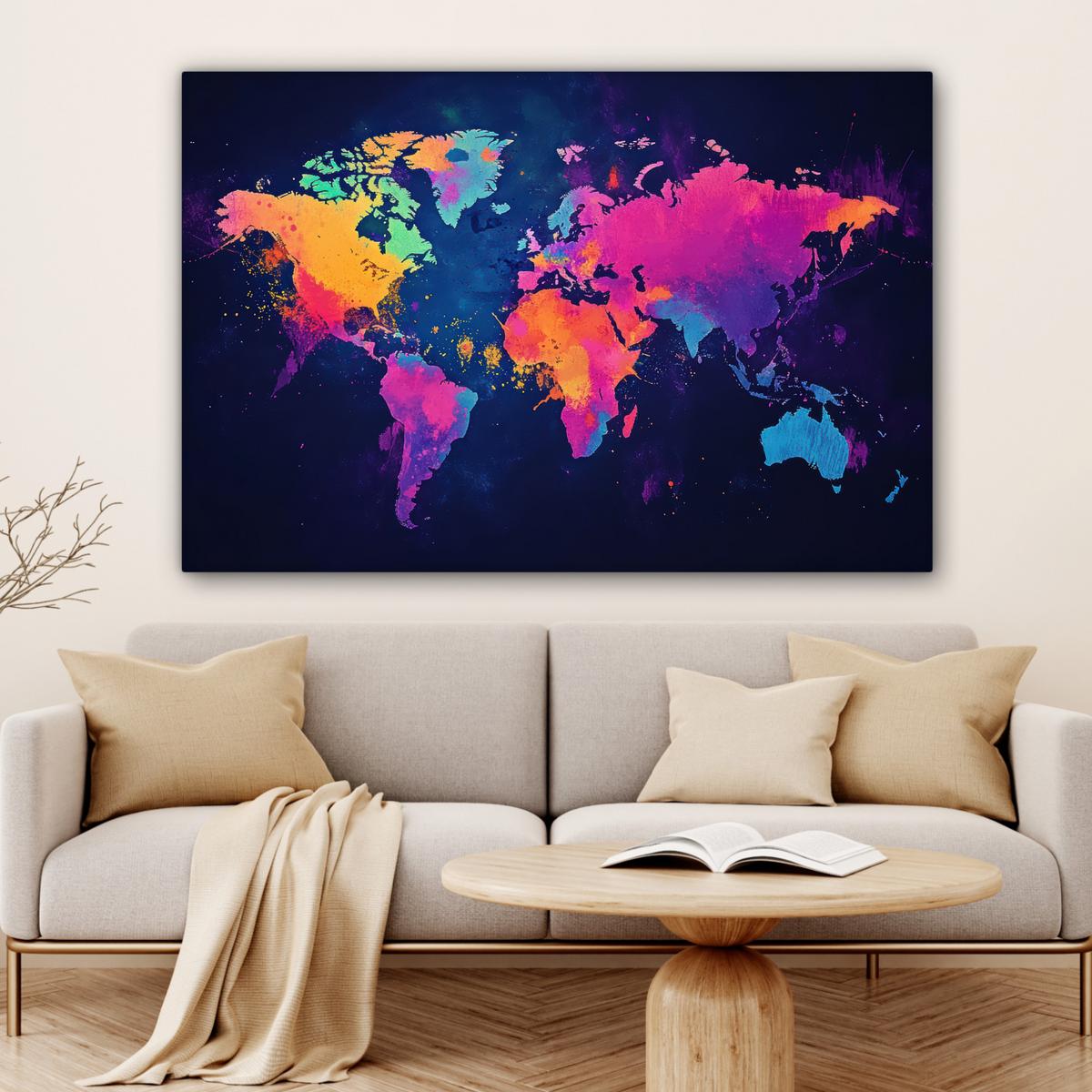 LEINWANDBILD Weltkarte - Bunt - Graffiti Groß 140x90 cm - Multicolor, Textil (140/90cm) - MuchoWow