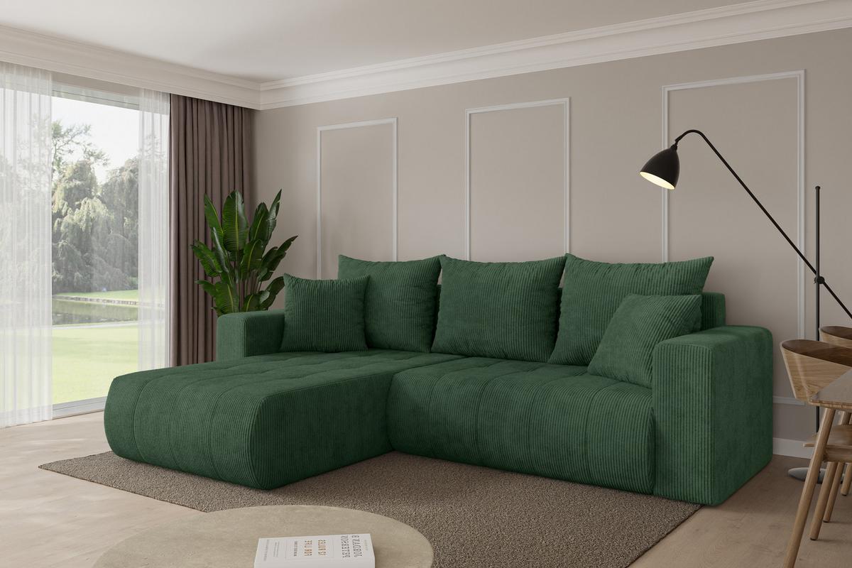 ECKSOFA mit Schlaffunktion Ottomane Links MILA-L 277x194x86 Grün Cord - Dunkelgrün/Schwarz, Holzwerkstoff/Kunststoff (277/194cm) - ALTDECOR