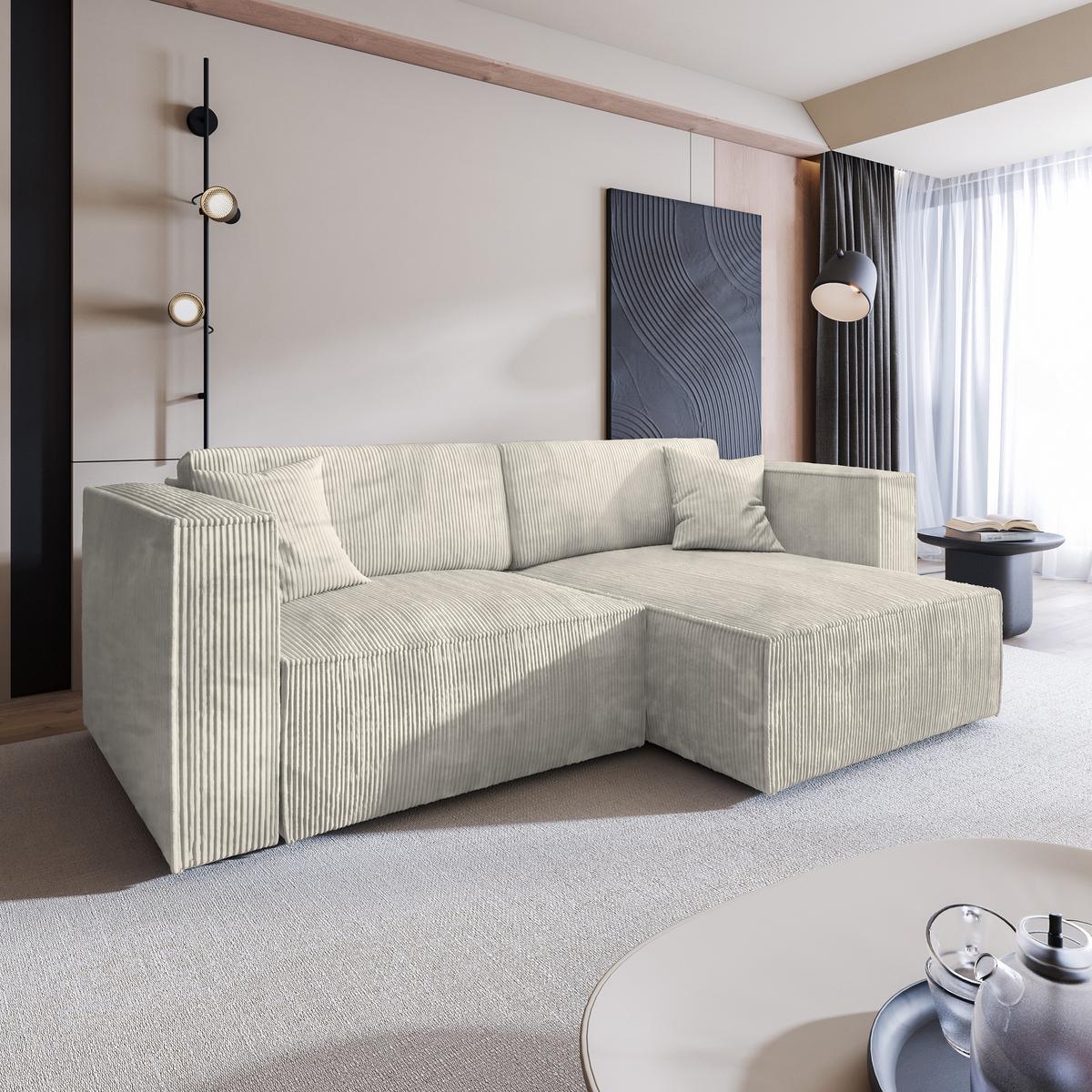 ECKSOFA NERIO P Creme Kordstoff mit Schlaffunktion - Creme/Grau, Holz/Kunststoff (245/148cm) - MASSENO
