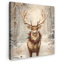 LEINWANDBILD Weihnachten - Rentier - Winter - Kranz Wandbild Wohnzimmer 50x50 cm - Naturfarben, Textil (50/50cm) - MuchoWow