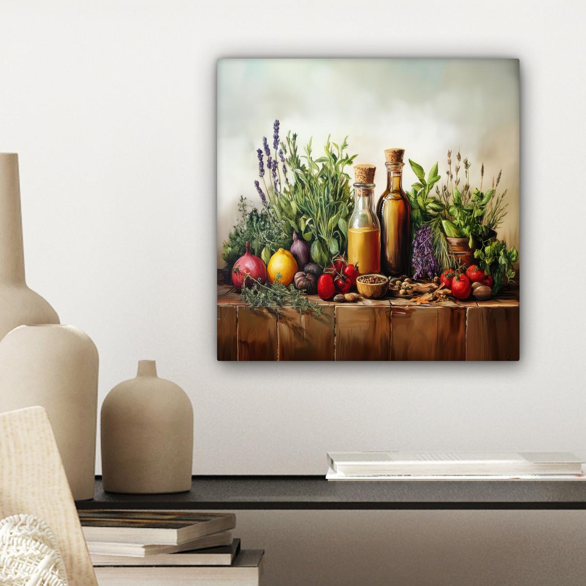 LEINWANDBILD Stilleben - Kräuter - Gewürze - Früchte - Farbenfroh Deko Wohnzimmer 20x20 cm - Grün, Textil (20/20cm) - MuchoWow